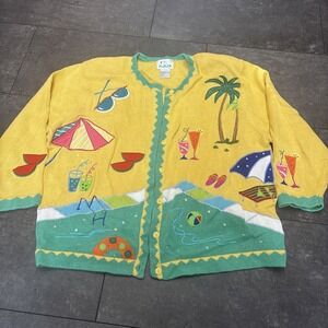 VTG 90s QUACKER FACTORY Cruise Beach Pool Summer Embellished Cardigan 3XL PALM